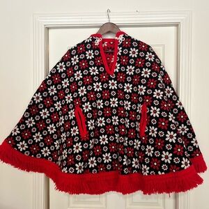 Black, Red & White Floral Fringe Poncho